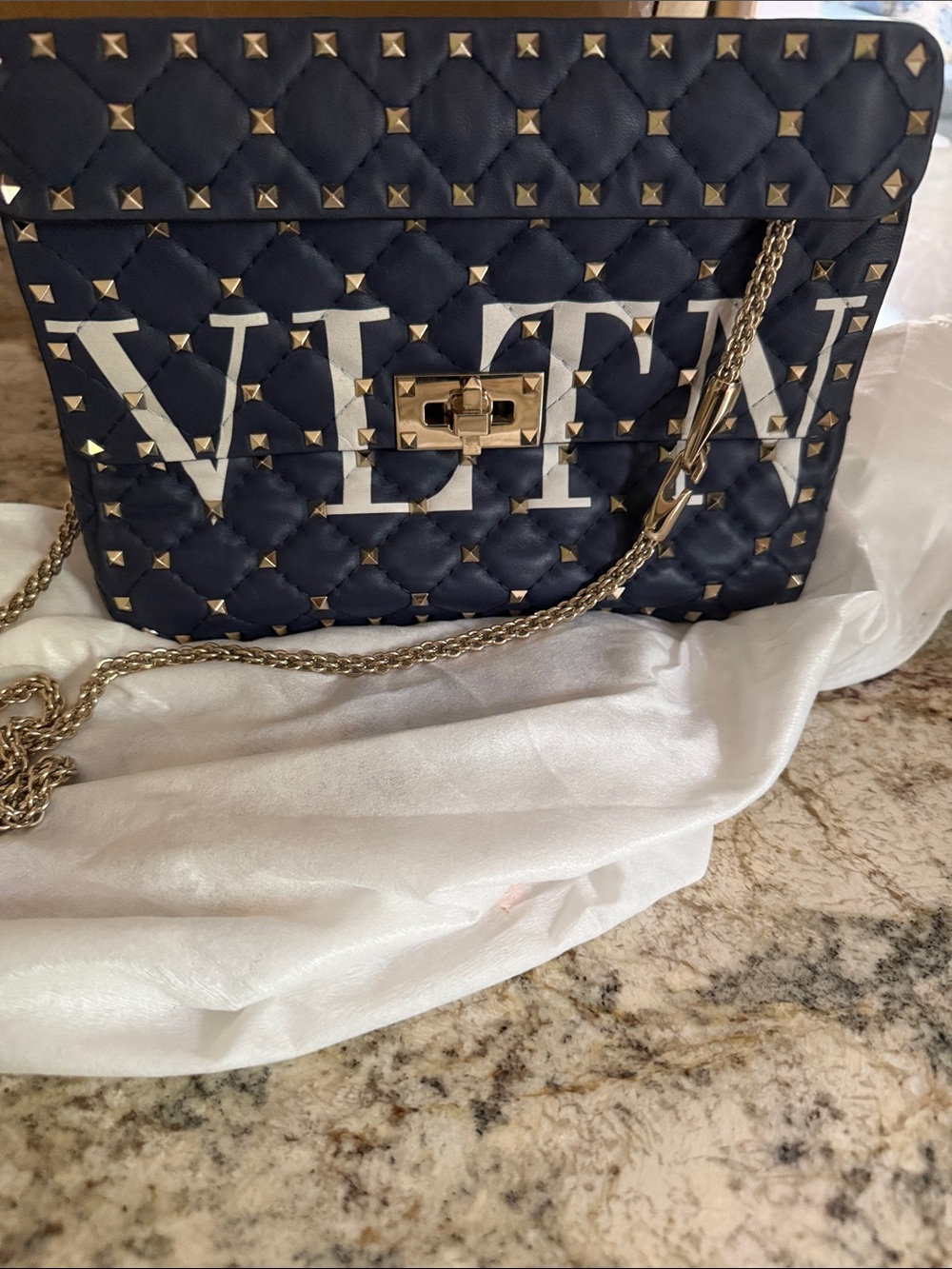 Valentino Quilted Navy Rockstud top handle/crossbody/shoulder bag w/COA